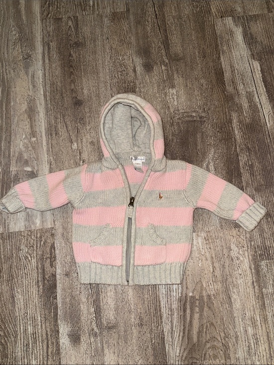 Ralph Lauren Other - Ralph Lauren Pink & Gray Striped Hooded Zip Knit Sweater - Kids